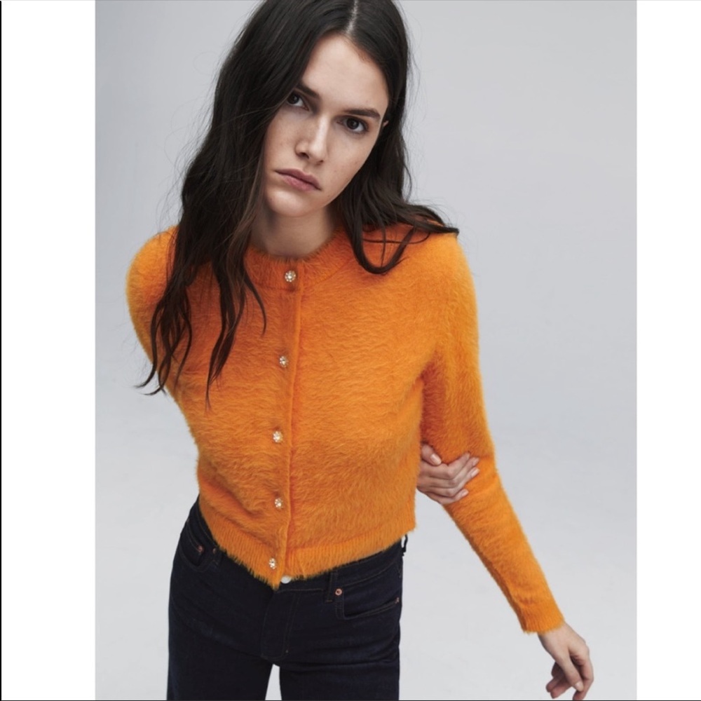 Zara tangerine faux fur cardigan with jeweled buttons